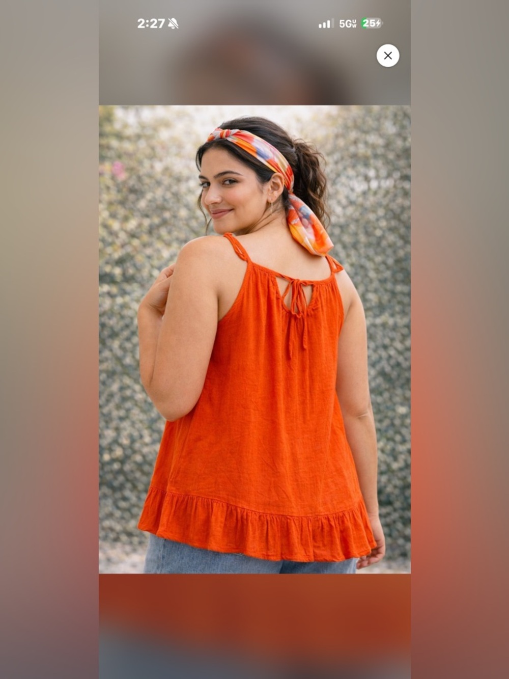 Anna Orange Ruffle-Hem Tie-Back Tank